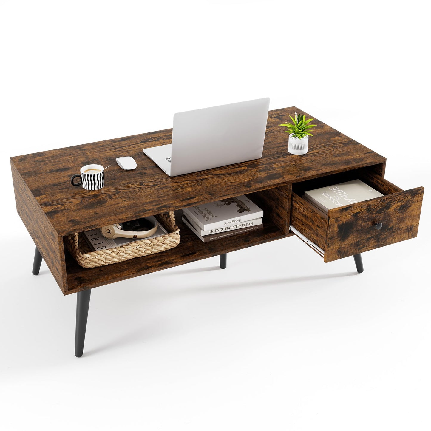 109cm Rectangular Coffee Table with Drawer and Storage Shelf-Rustic Brown