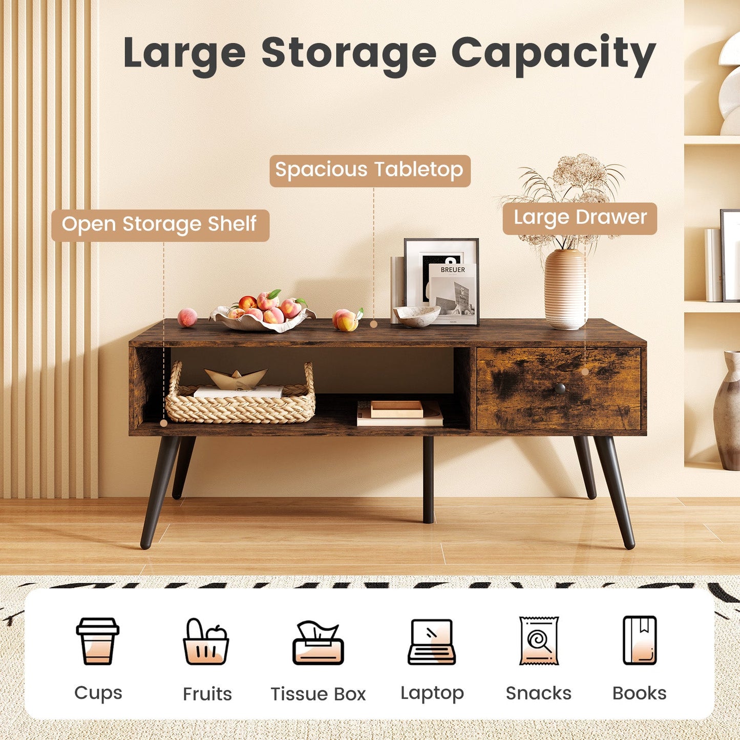 109cm Rectangular Coffee Table with Drawer and Storage Shelf-Rustic Brown