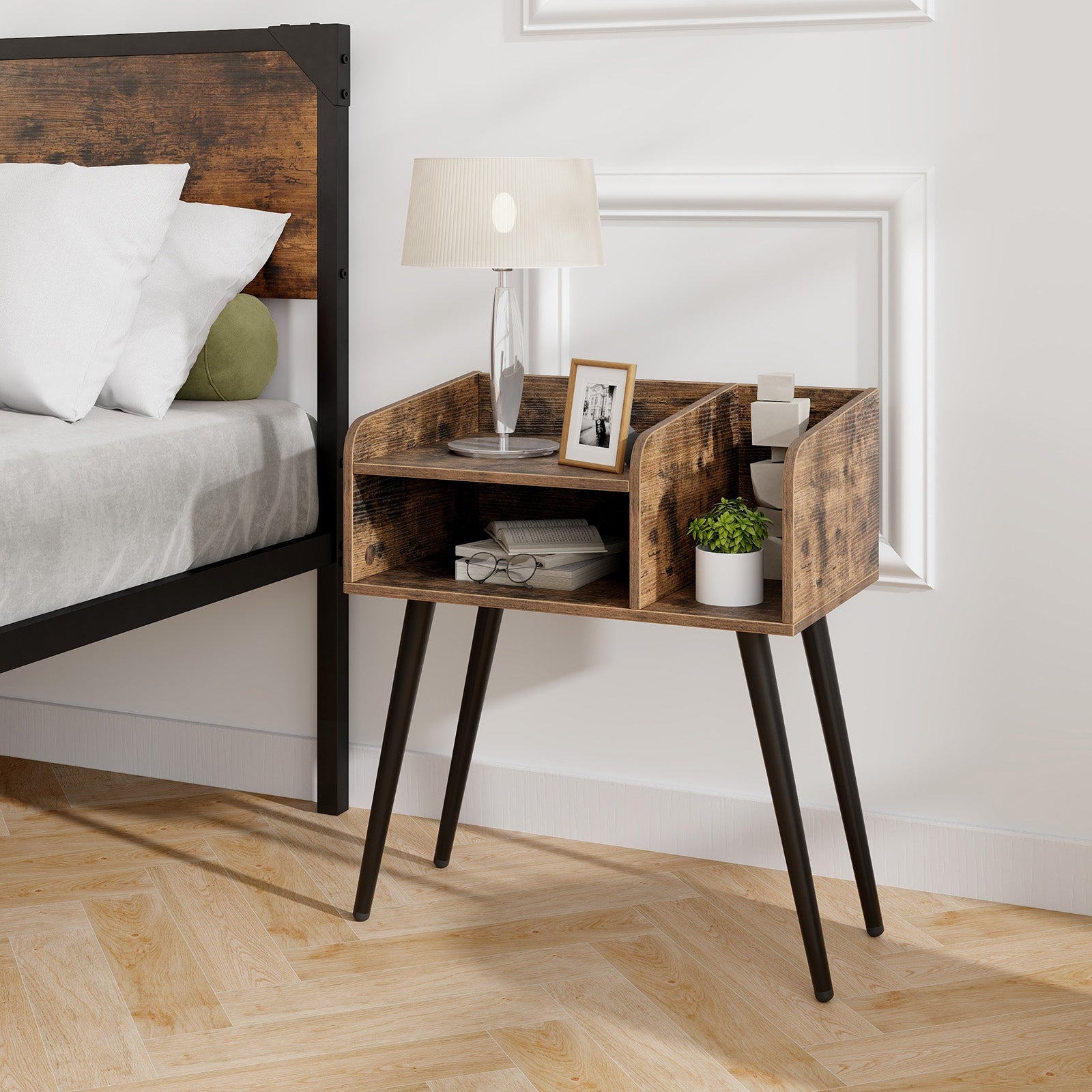 2-Tier Mid Century Modern Nightstand with Open Shelves-Rustic Brown