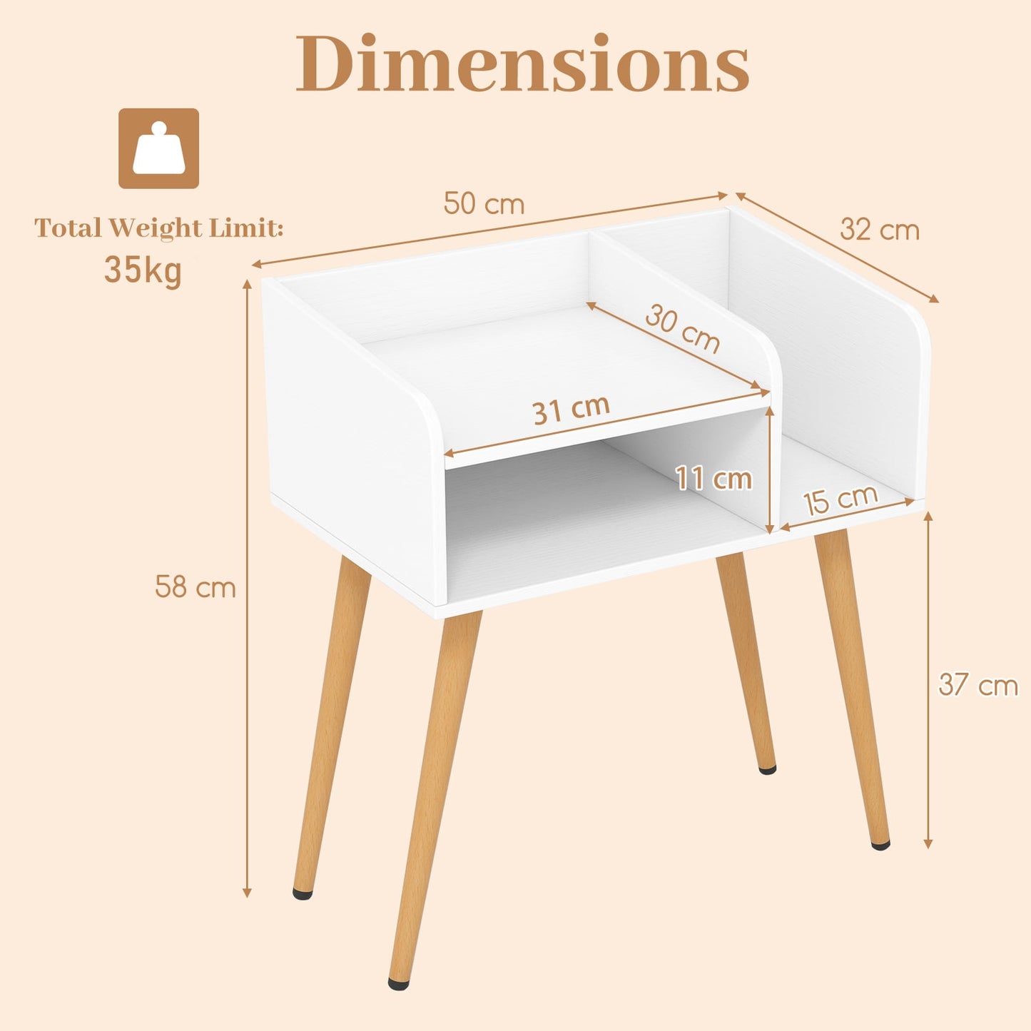 2-Tier Mid Century Modern Nightstand with Open Shelves-White
