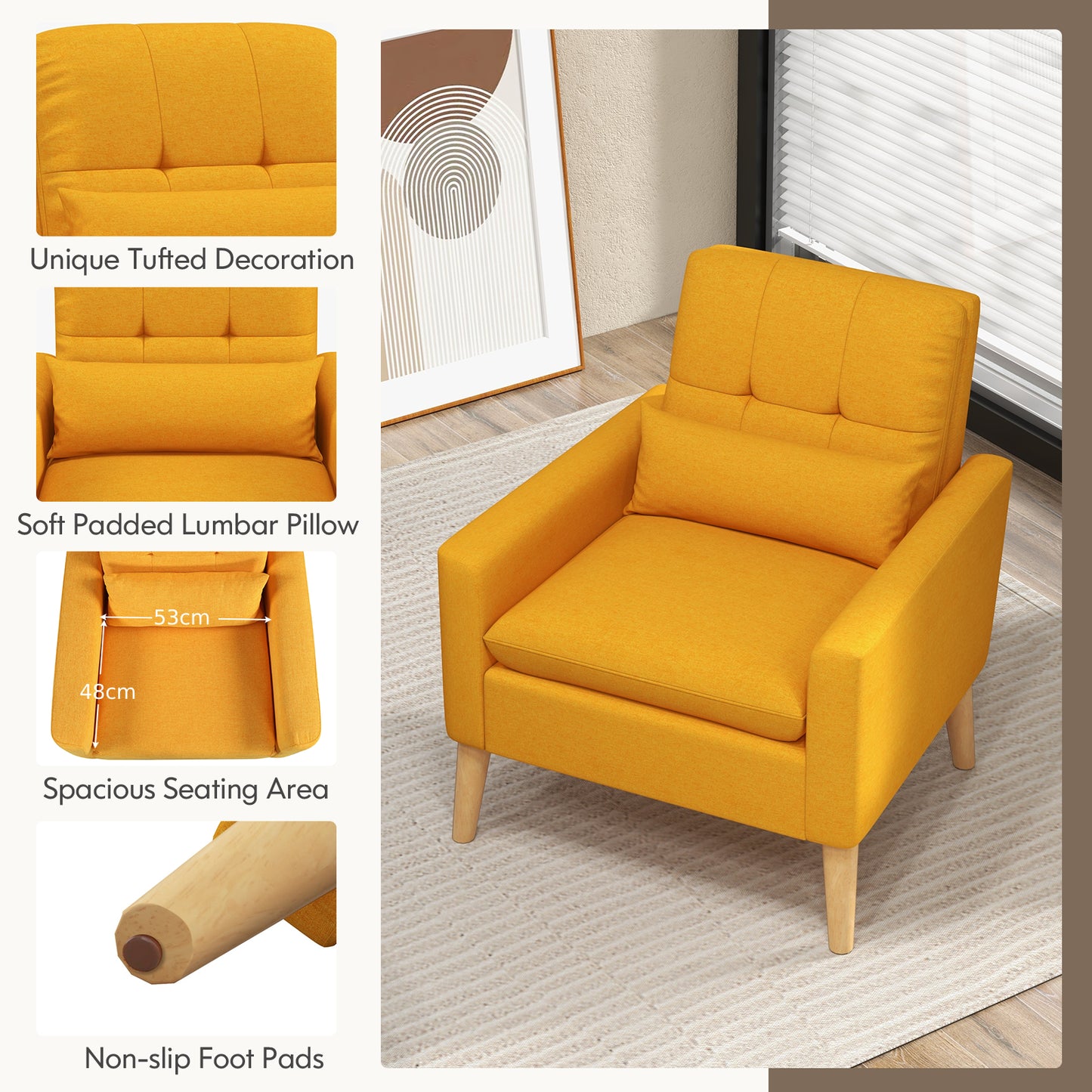 Mid-century Modern Accent Chair with Lumbar Pillow-Yellow