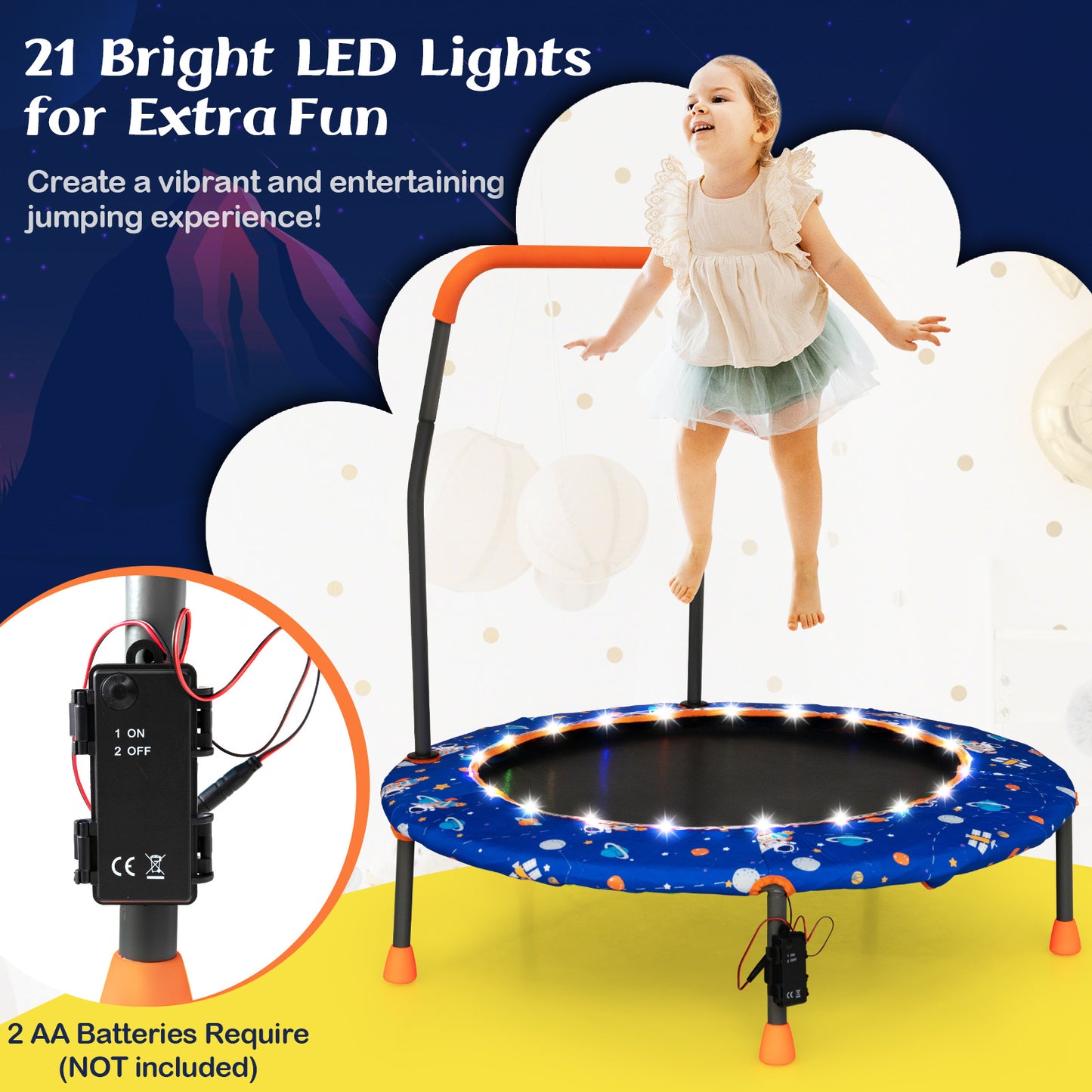Mini Trampoline with LED Lights and Safety Handle for Children-Blue