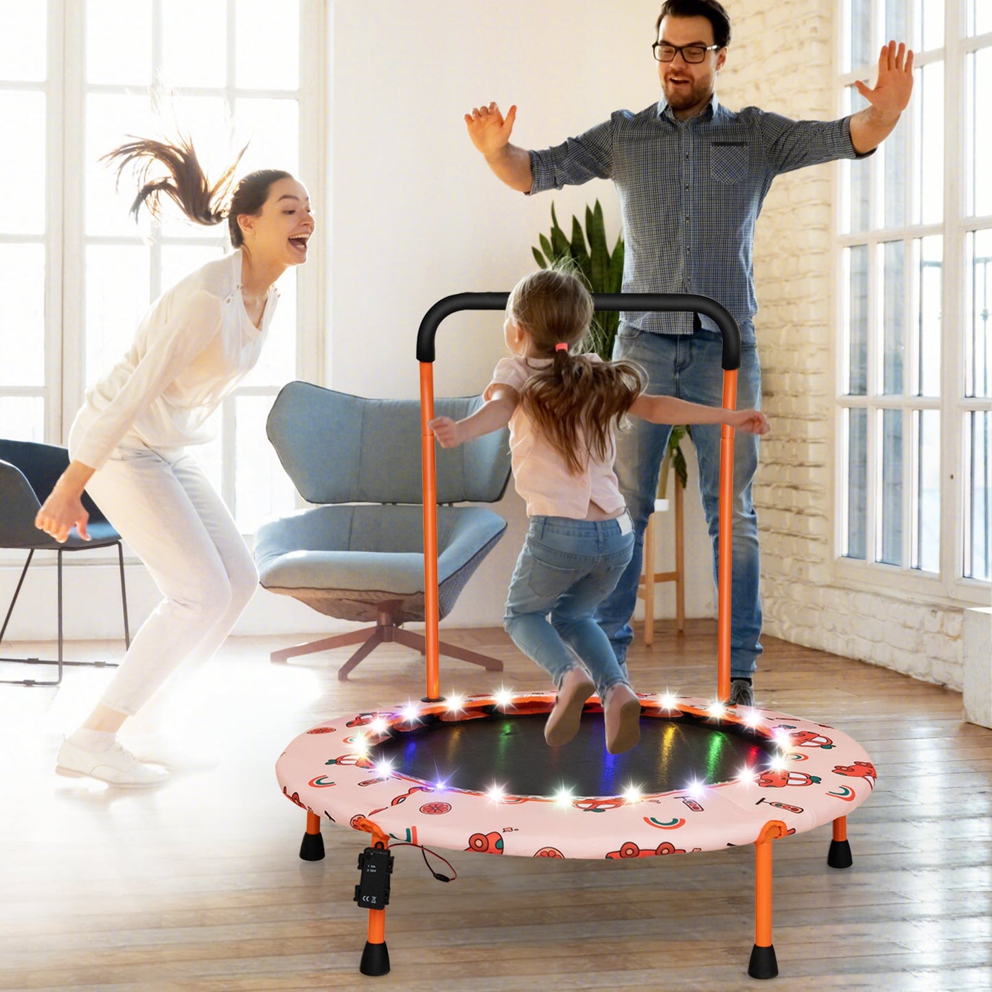 Mini Trampoline with LED Lights and Safety Handle for Children-Orange