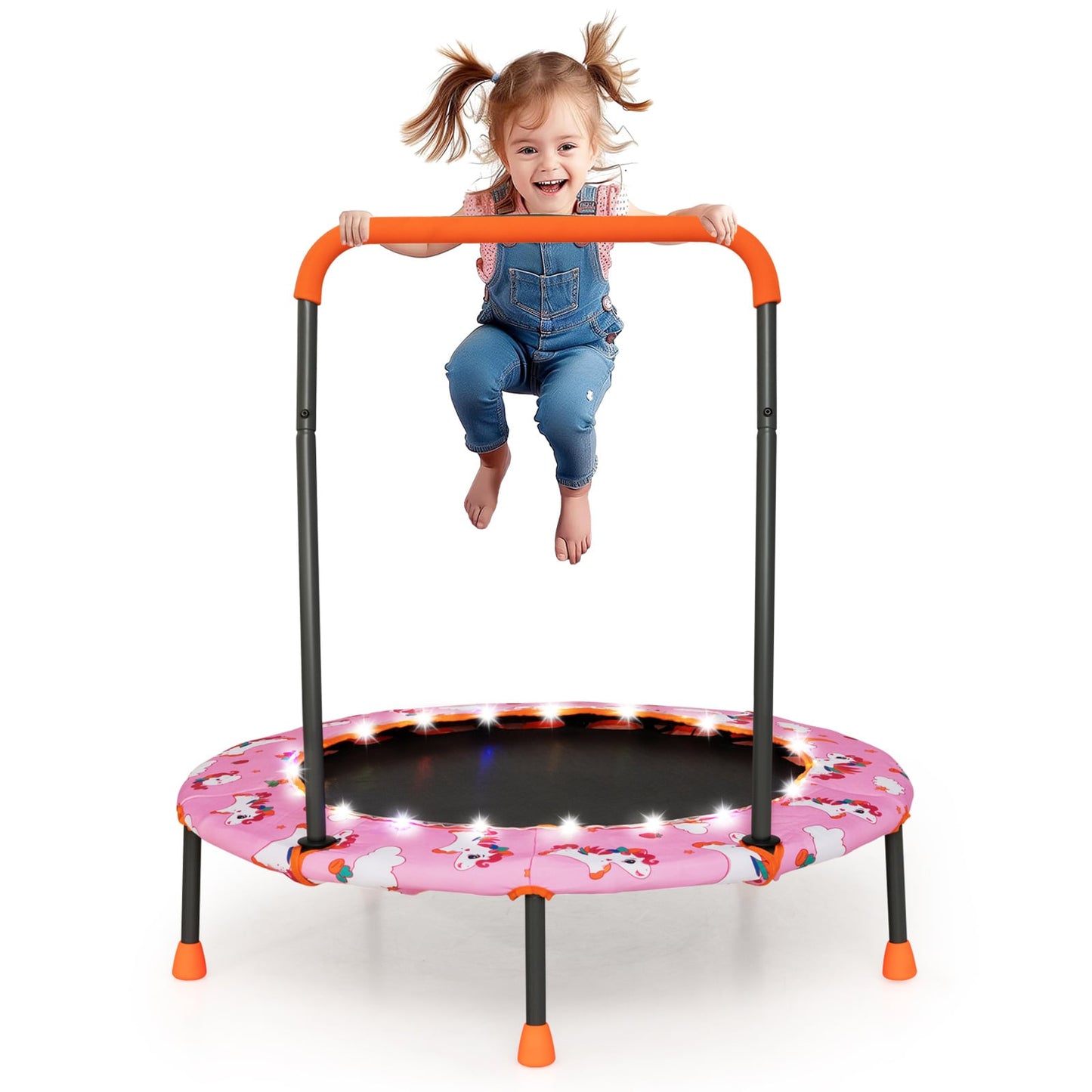 Mini Trampoline with LED Lights and Safety Handle for Children-Pink