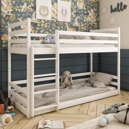 White bunk bed in a child's bedroom with toys and bedding.
