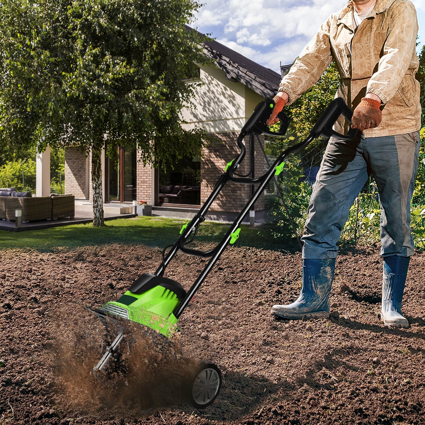 Mini Cultivator with Foldable Handle and Adjustable Wheels-Green