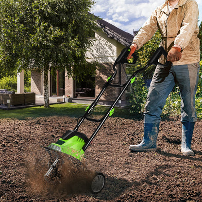 Mini Cultivator with Foldable Handle and Adjustable Wheels-Green