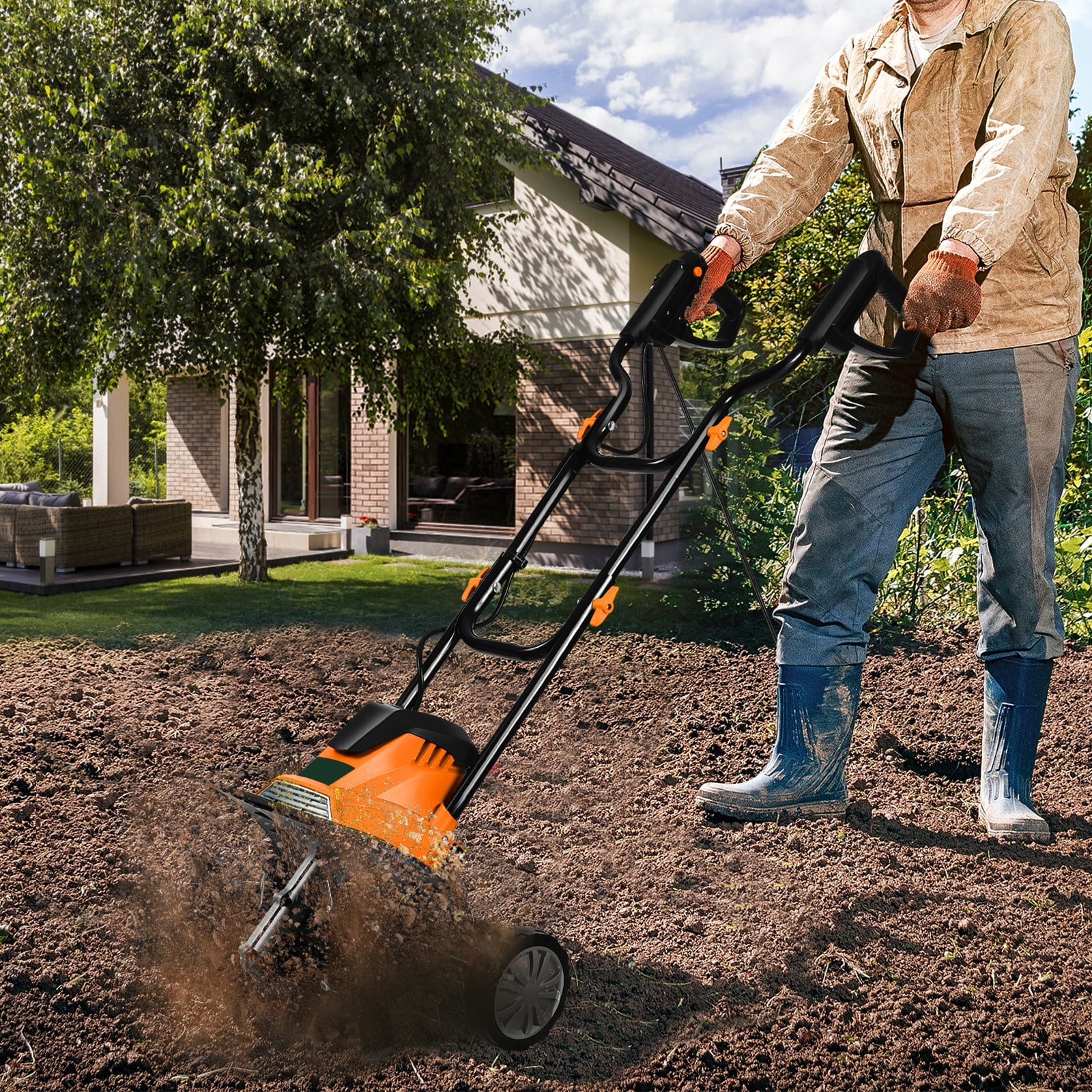 Mini Cultivator with Foldable Handle and Adjustable Wheels-Orange