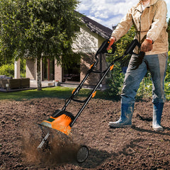 Mini Cultivator with Foldable Handle and Adjustable Wheels-Orange