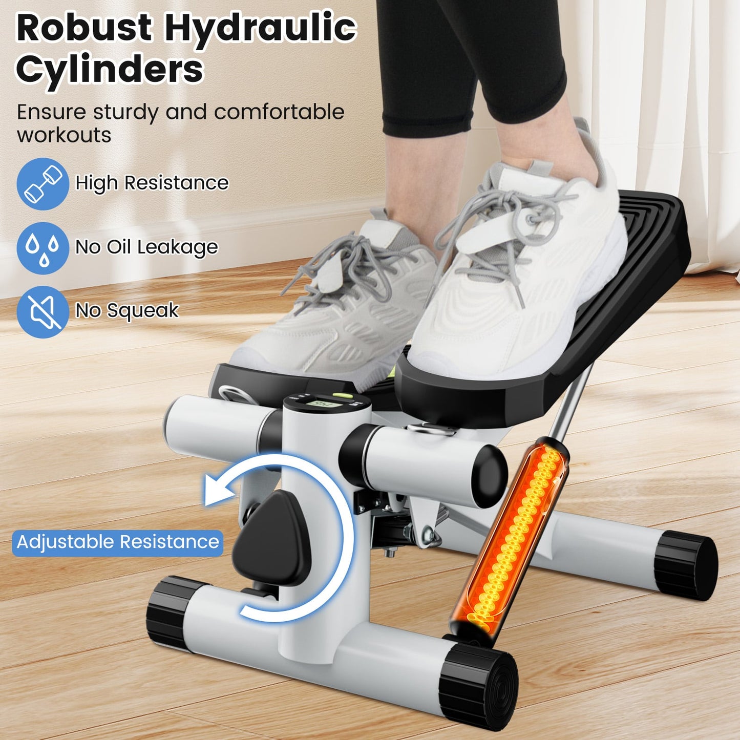 Mini Stepper for Workout Portable Hydraulic Stepper with Resistance Bands-White