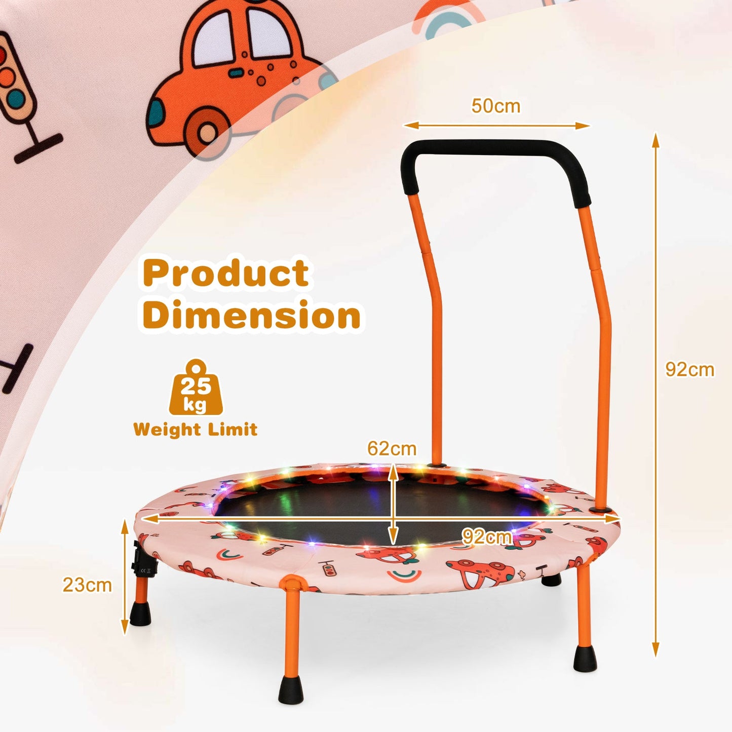 Mini Trampoline for Children with LED Lights and Safety Handle-Orange