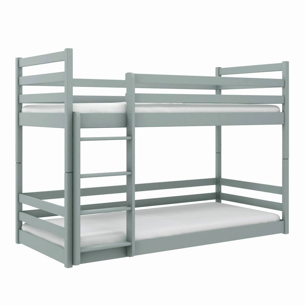 Gray bunk bed with white mattresses on a white background