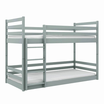 Gray bunk bed with white mattresses on a white background