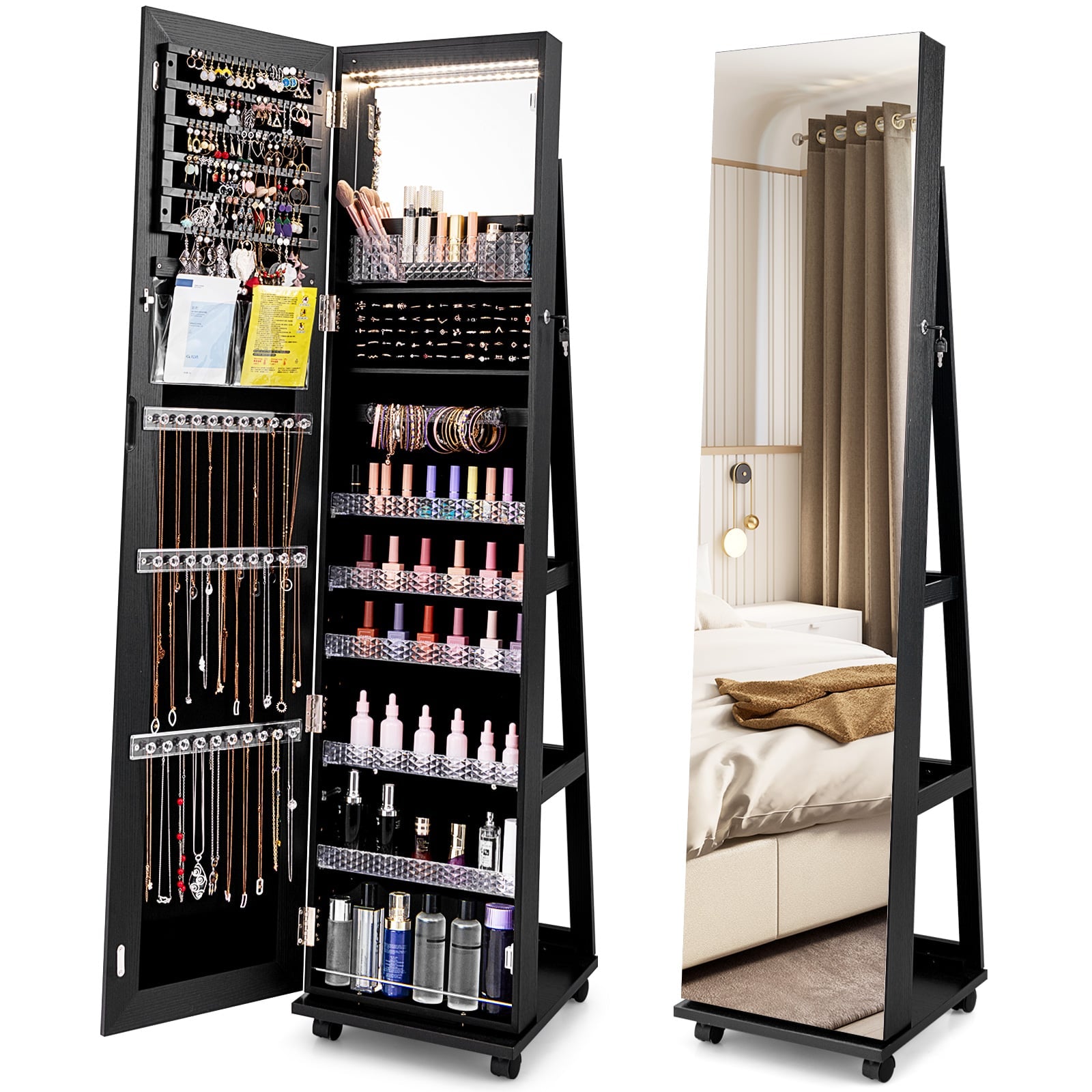Mirror Standing Jewelry Organizer with Lock 3 Color LED Lights Built-in Vanity Mirror and Universal Wheels-Black