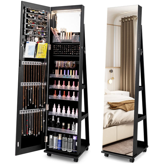 Mirror Standing Jewelry Organizer with Lock 3 Color LED Lights Built-in Vanity Mirror and Universal Wheels-Black
