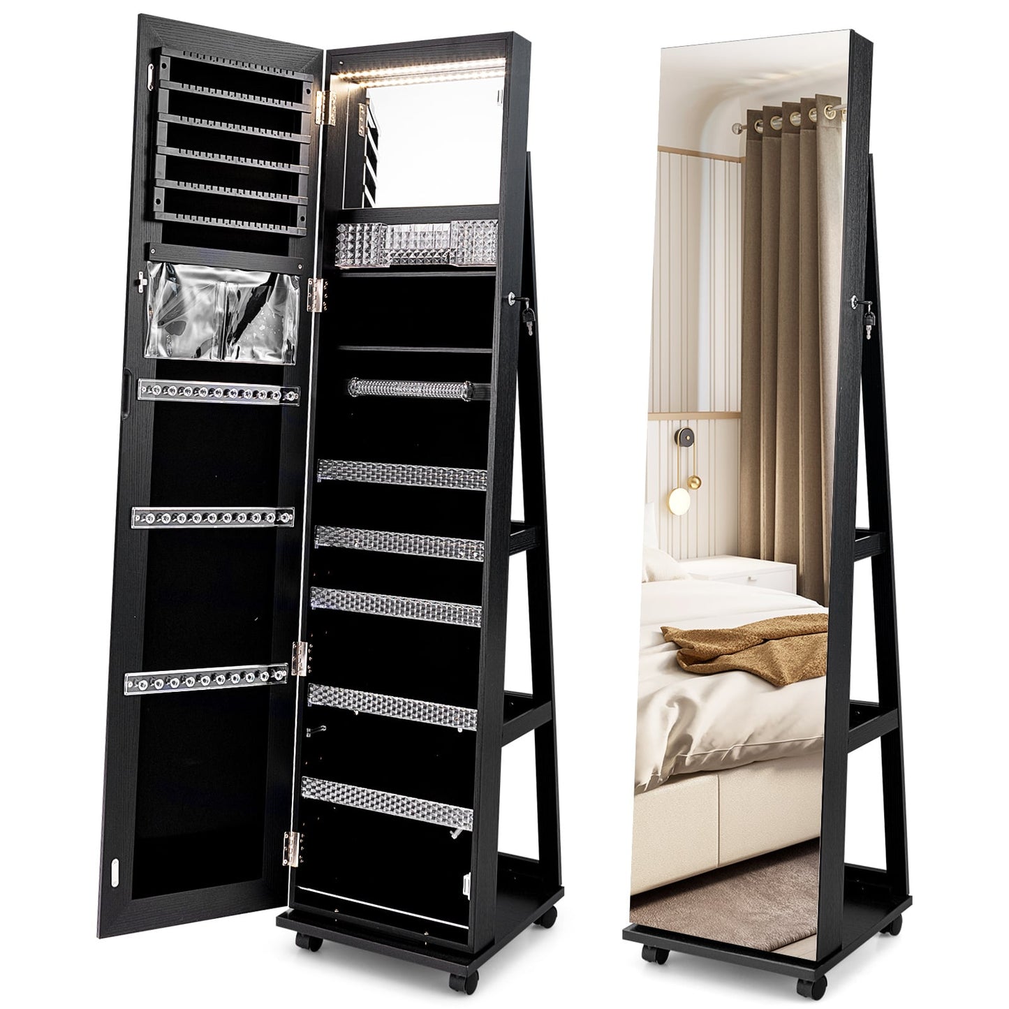 Mirror Standing Jewelry Organizer with Lock 3 Color LED Lights Built-in Vanity Mirror and Universal Wheels-Black