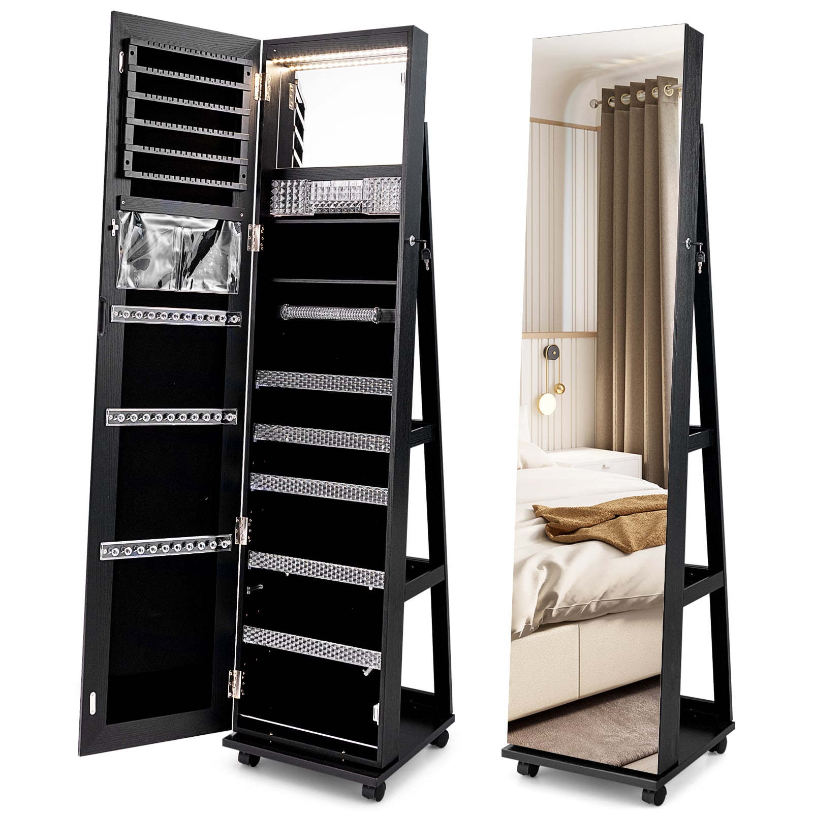 Mirror Standing Jewelry Organizer with Lock 3 Color LED Lights Built-in Vanity Mirror and Universal Wheels-Black