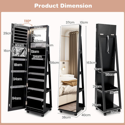 Mirror Standing Jewelry Organizer with Lock 3 Color LED Lights Built-in Vanity Mirror and Universal Wheels-Black