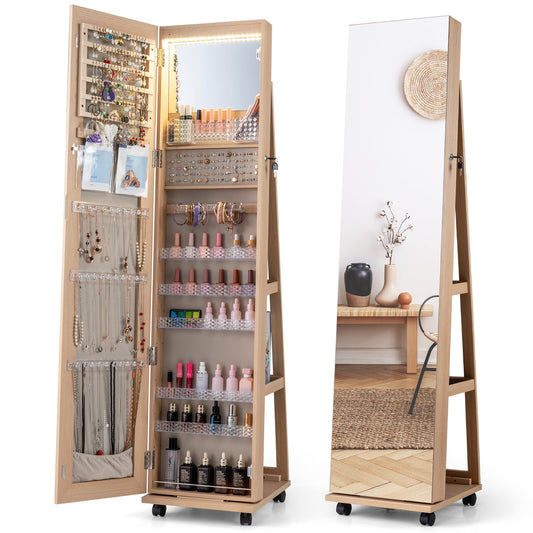 Mirror Standing Jewelry Organizer with Lock 3 Color LED Lights Built-in Vanity Mirror and Universal Wheels-Natural