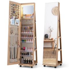 Mirror Standing Jewelry Organizer with Lock 3 Color LED Lights Built-in Vanity Mirror and Universal Wheels-Natural