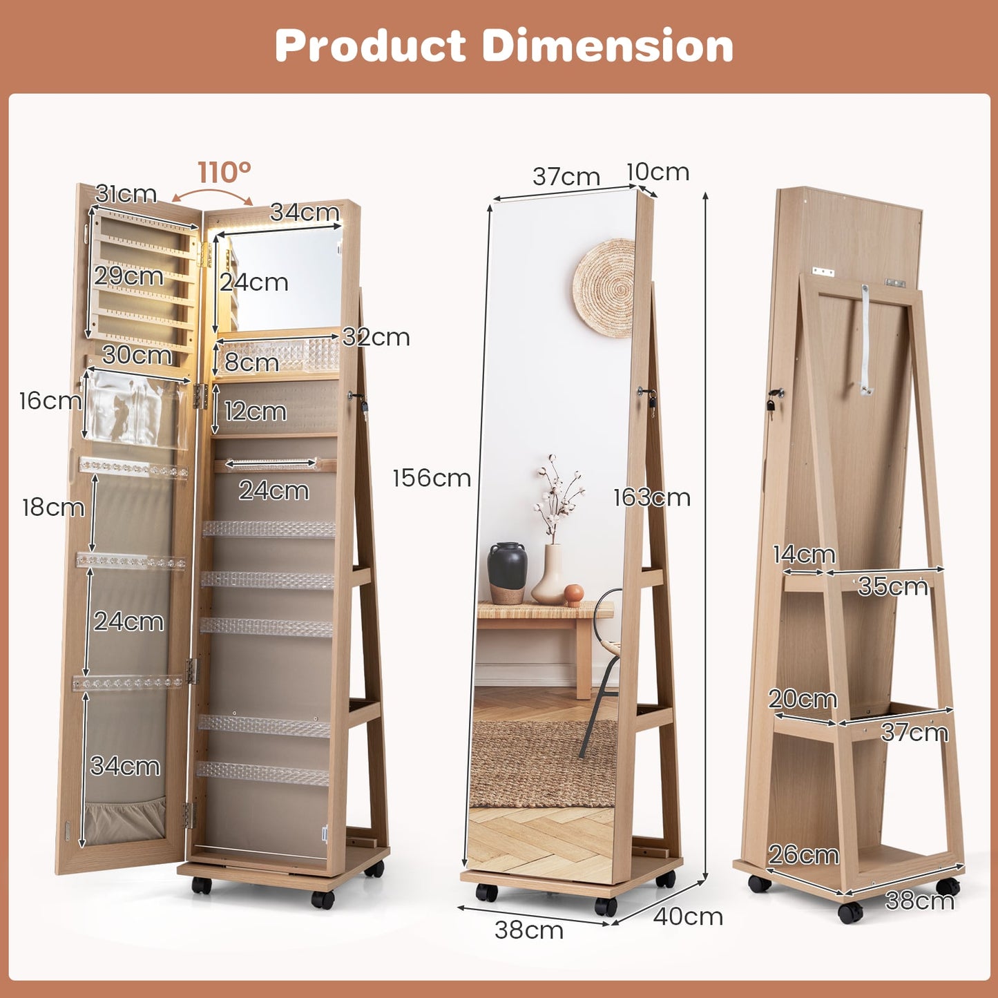 Mirror Standing Jewelry Organizer with Lock 3 Color LED Lights Built-in Vanity Mirror and Universal Wheels-Natural