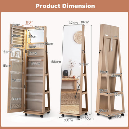 Mirror Standing Jewelry Organizer with Lock 3 Color LED Lights Built-in Vanity Mirror and Universal Wheels-Natural