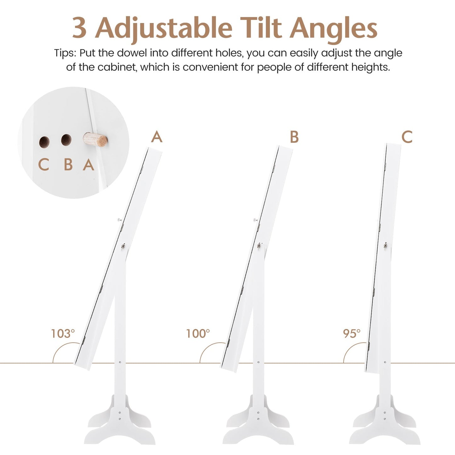 Mirrored Jewelry Armoire with Full-Length Mirror and 3 Tilting Angles-White