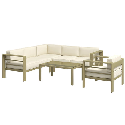 Outsunny 5-Piece Garden Corner Sofa Set with Cushions, 6 Seater Aluminium Garden Furniture Set with Glass Top Coffee Table, Patio Sectional Conservatory Furniture for Patio & Terrace, Gold Tone