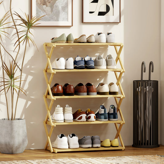 HOMCOM Five-Tier Folding Bamboo Shoe Rack - Natural Finish