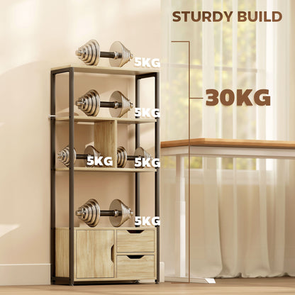 HOMCOM 4-Tier Bookcase, Bookshelf with 1 Cabinet and 2 Drawers for Living Room, Bedroom, Study, Natural Wood