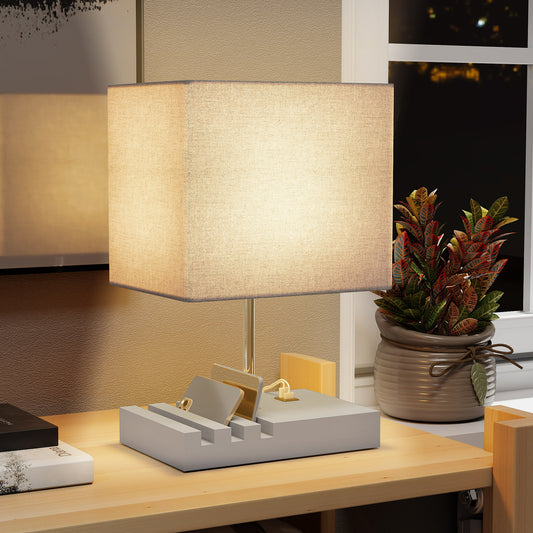 HOMCOM Bedside Lamp with USB A+C Charging Ports and 3 Phone Stands, Modern Table Lamp with Solid Wood Base and Fabric Shade for Bedroom Living Room Office, E27 Socket, Bulb Not Included, Grey