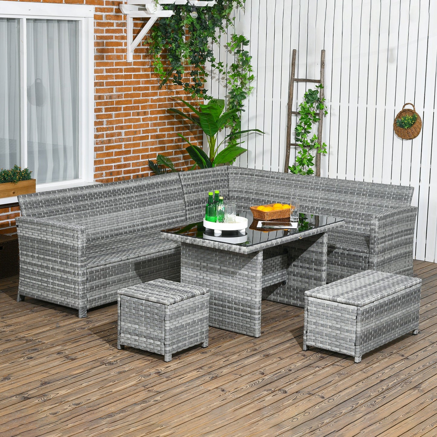 Outsunny 5-Piece Rattan Patio Furniture Set with Corner Sofa, Footstools, Glass Coffee Table, Cushions, Mixed Grey