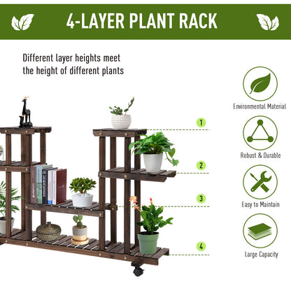 Outsunny 4-Tier Plant Stand with Wheels and Brakes, Floor-standing Wooden Flower Rack, for Indoor & Outdoor Garden Balcony Living Room, 124 x 33 x 80 cm