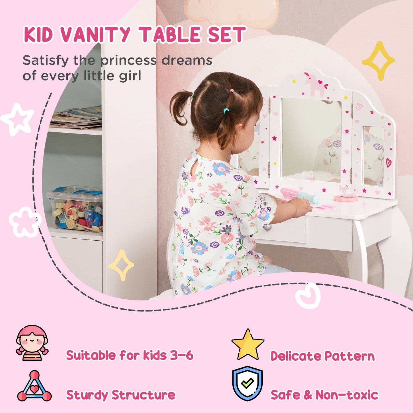 HOMCOM Kids Vanity Table and Chair Set with Tri-Folding Mirror and Stool, Makeup Dressing Table with Drawer, White