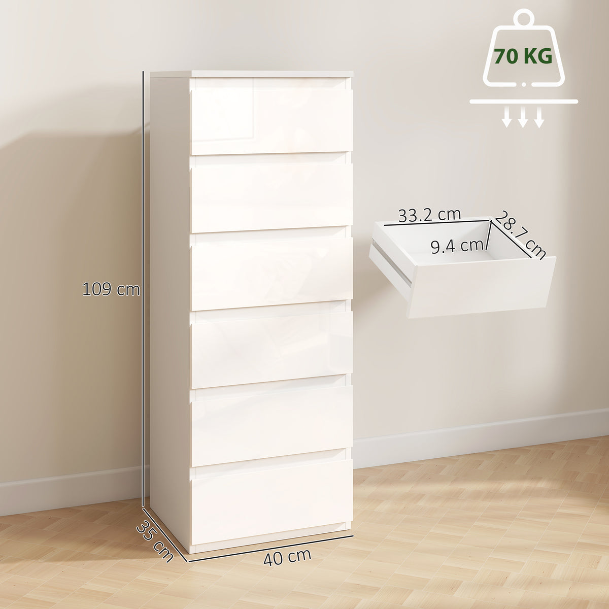 HOMCOM Chest of Drawers High Gloss Finish 6 Drawer Dresser Space Saving Slim Design Handle Free Drawers High-Gloss White