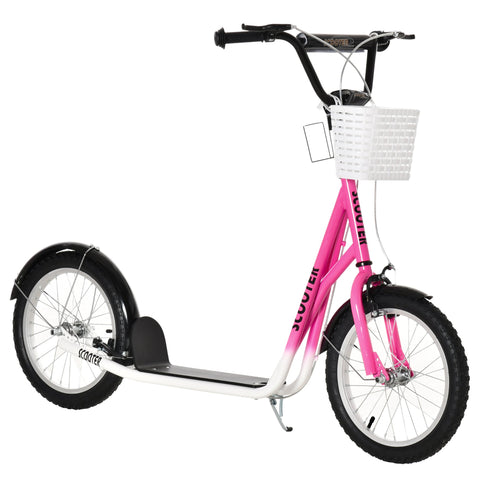 HOMCOM Kids Scooter, Kick Stunt Scooter with Adjustable Handlebar, Dual Brakes, Basket, Cupholder, Mudguard, 16