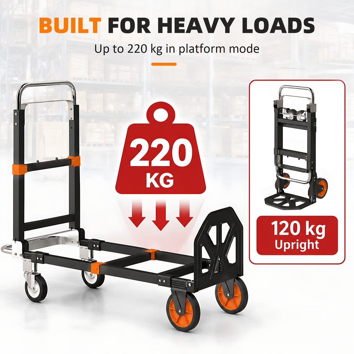 HOMCOM 2-in-1 Folding Sack Truck & Platform Trolley, Heavy Duty 220kg/120kg Hand Truck with Adjustable Platform & Handle