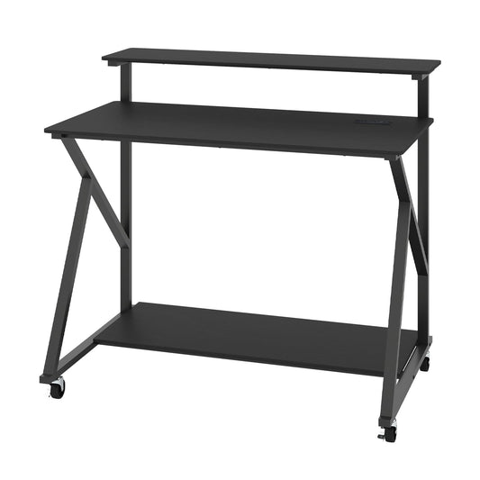 Mobile Computer Desk with Power Outlets Monitor Stand and Storage Shelf-Black