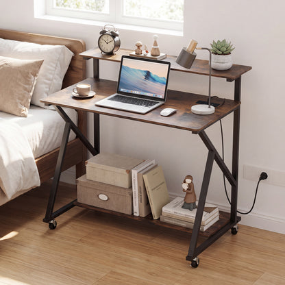Mobile Computer Desk with Power Outlets Monitor Stand and Storage Shelf-Rustic Brown