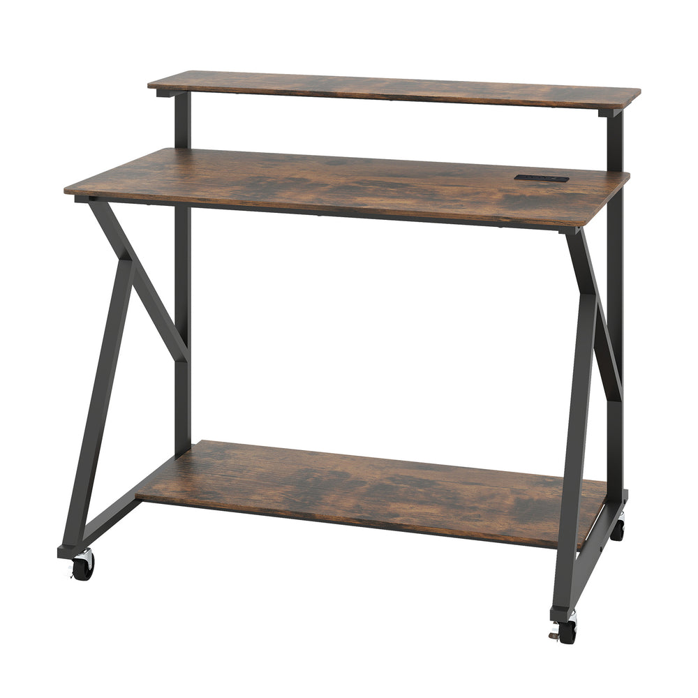 Mobile Computer Desk with Power Outlets Monitor Stand and Storage Shelf-Rustic Brown