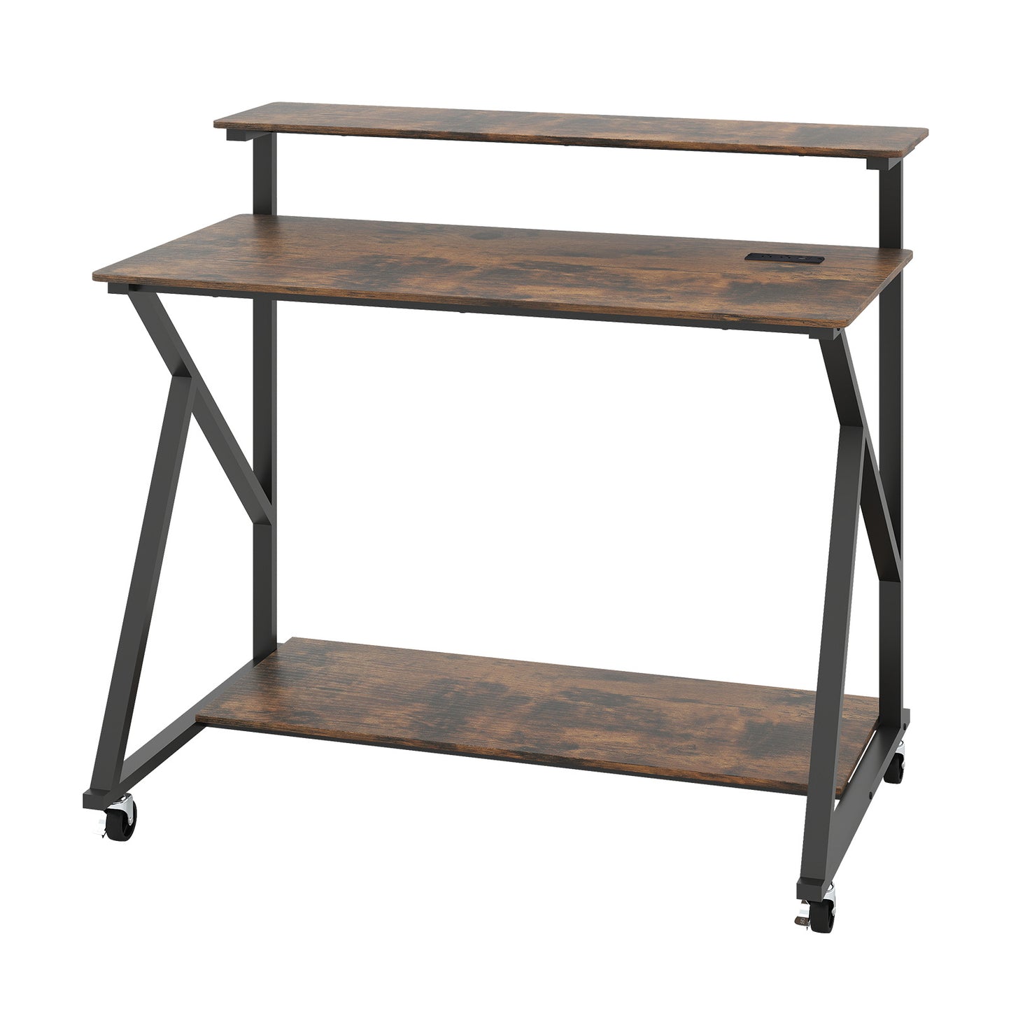 Mobile Computer Desk with Power Outlets Monitor Stand and Storage Shelf-Rustic Brown