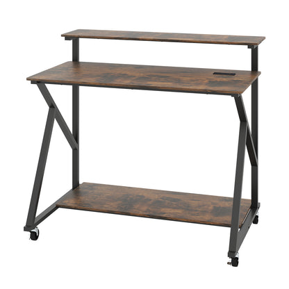 Mobile Computer Desk with Power Outlets Monitor Stand and Storage Shelf-Rustic Brown