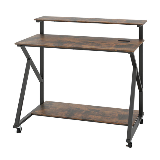 Mobile Computer Desk with Power Outlets Monitor Stand and Storage Shelf-Rustic Brown