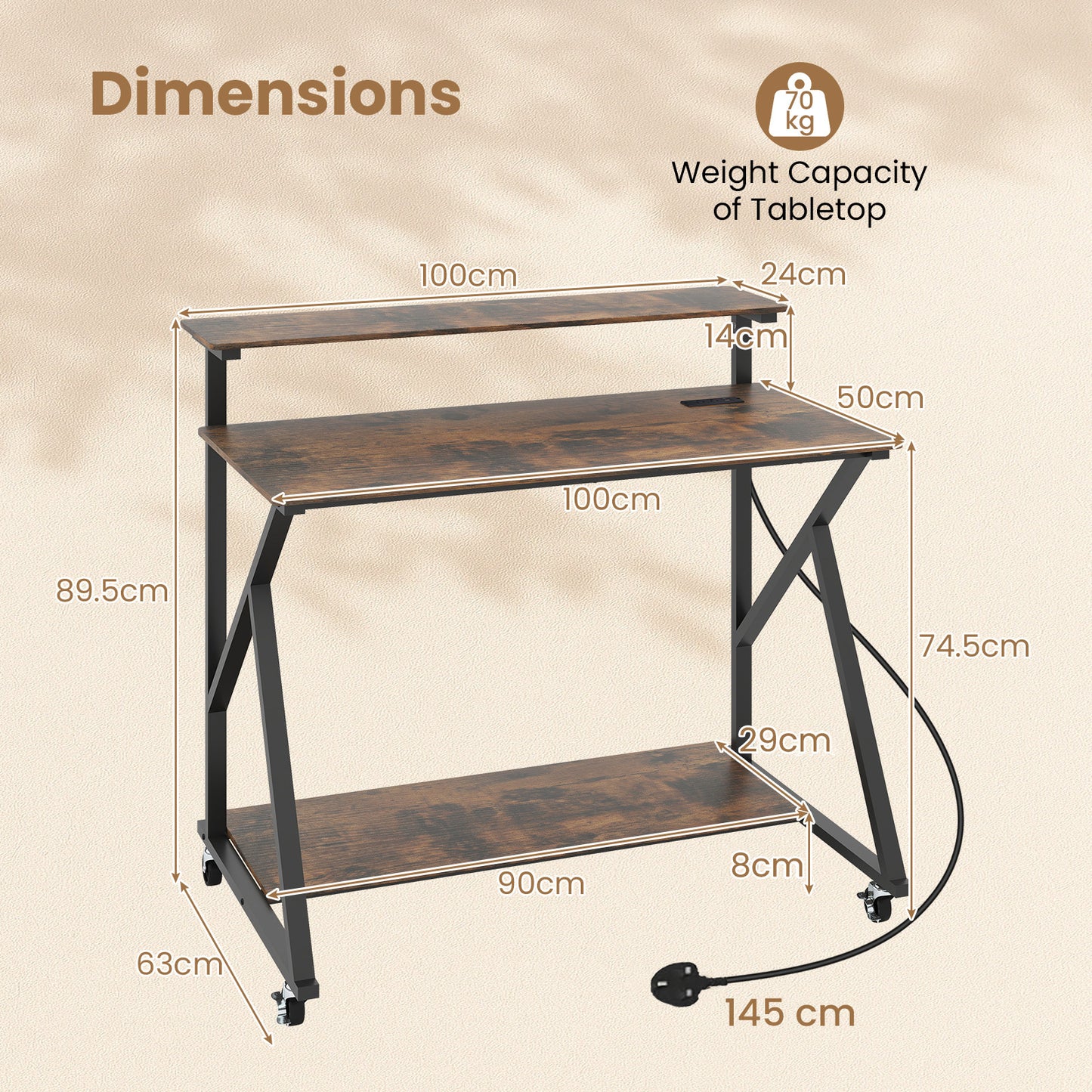 Mobile Computer Desk with Power Outlets Monitor Stand and Storage Shelf-Rustic Brown