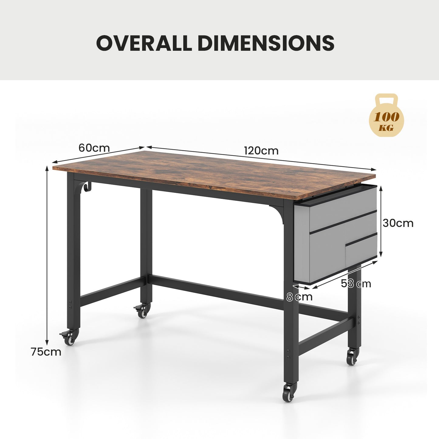 120cm Mobile Computer Desk with Storage Bag and 2 Headphone Hooks-Rustic Brown