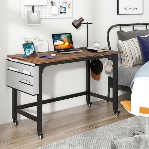 120cm Mobile Computer Desk with Storage Bag and 2 Headphone Hooks-Rustic Brown