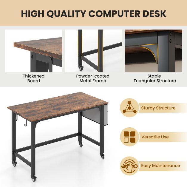 120cm Mobile Computer Desk with Storage Bag and 2 Headphone Hooks-Rustic Brown