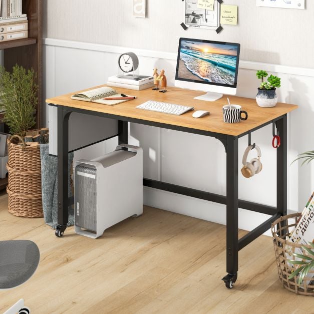 120cm Mobile Computer Desk with Storage Bag and 2 Headphone Hooks-Natural