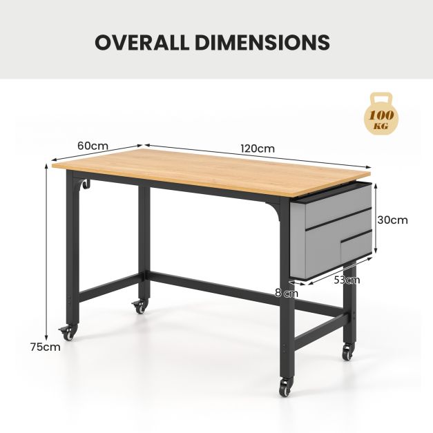 120cm Mobile Computer Desk with Storage Bag and 2 Headphone Hooks-Natural