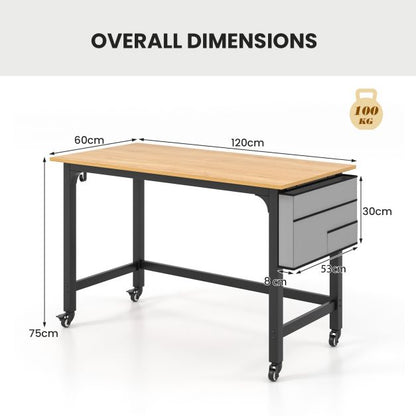 120cm Mobile Computer Desk with Storage Bag and 2 Headphone Hooks-Natural